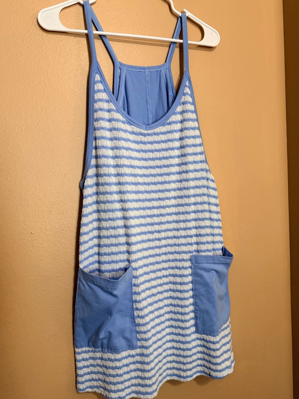 Striped Knit Blue & White Athletic Dress with Shorts and Pockets